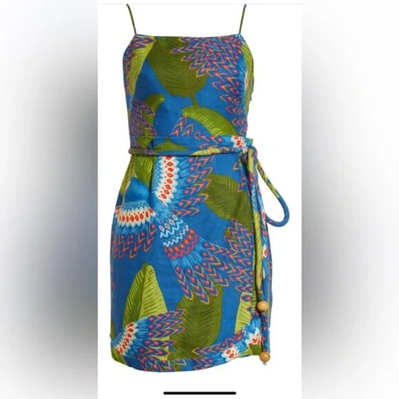 Farm Rio Blue Macaw Parrot Bird Square Neck Sleeveless Linen Mini Dress Sz M - Picture 4 of 8